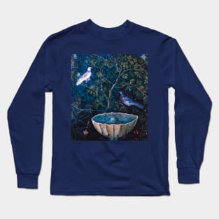 POMPEII COLLECTION DOVES AND FOUNTAIN  IN GARDEN ,BLUE  GREEN FLORAL Long Sleeve T-Shirt